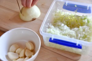 Dicing the onion together saves time when cooking multiple meals