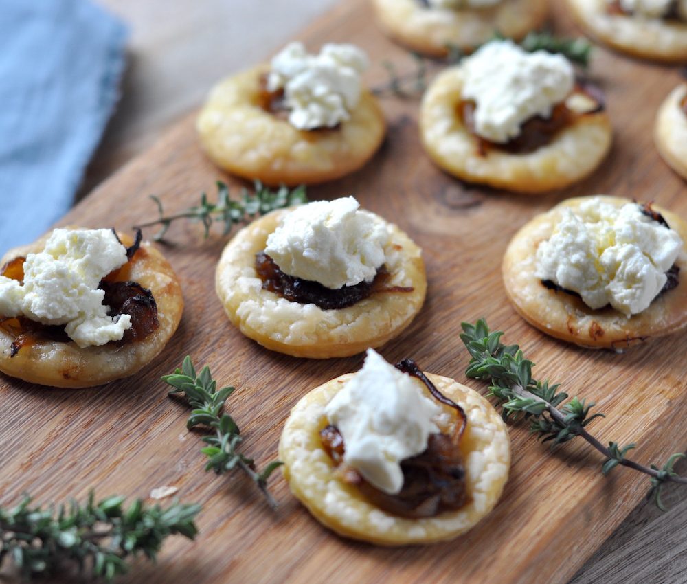 Caramelised onion and goats’ cheese tarts